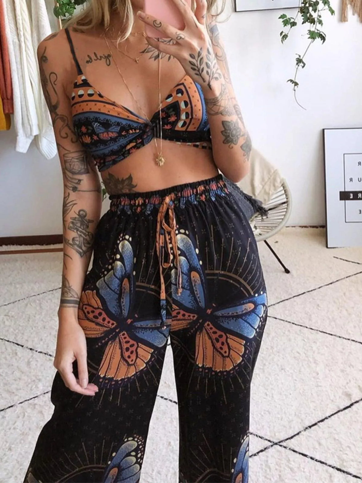 Boho Butterfly Print Top and Pants Set by Simply Love