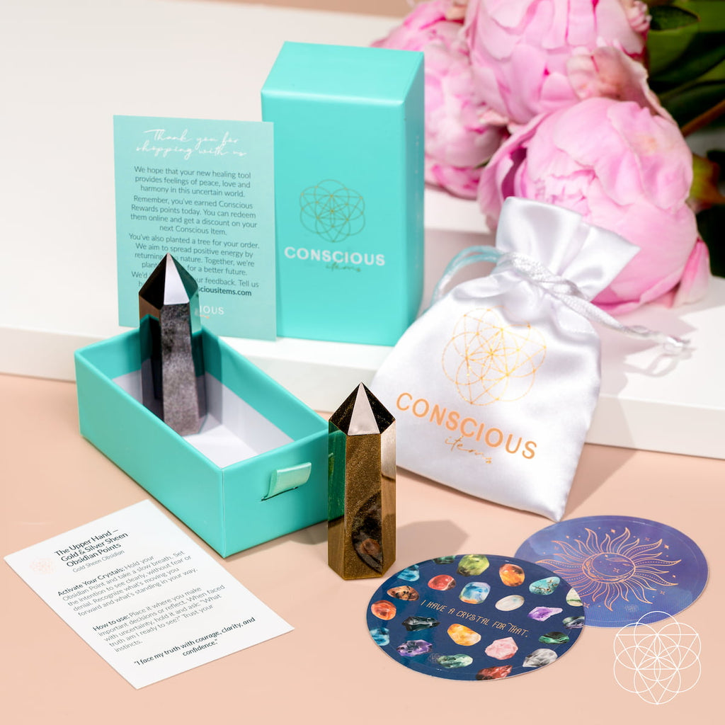 The Upper Hand – Gold & Silver Sheen Obsidian Points by Conscious Items