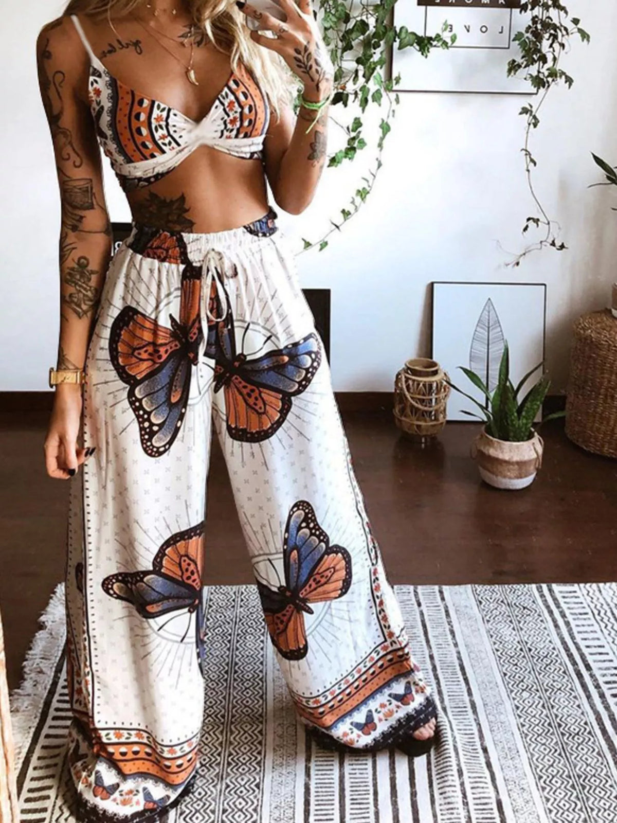 Boho Butterfly Print Top and Pants Set by Simply Love