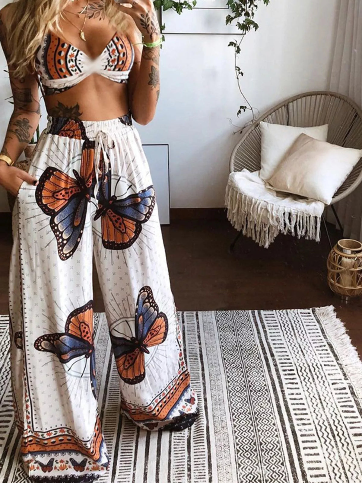 Boho Butterfly Print Top and Pants Set by Simply Love