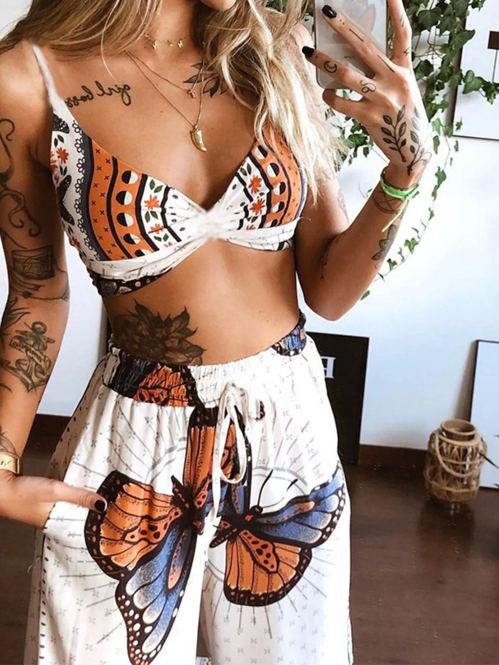 Boho Butterfly Print Top and Pants Set by Simply Love