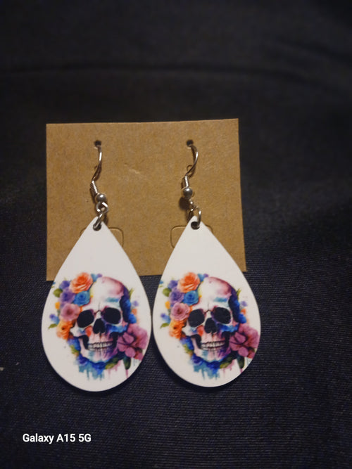 Floral Skull Wooden Teardrop Earrings by Phantashas-Haven