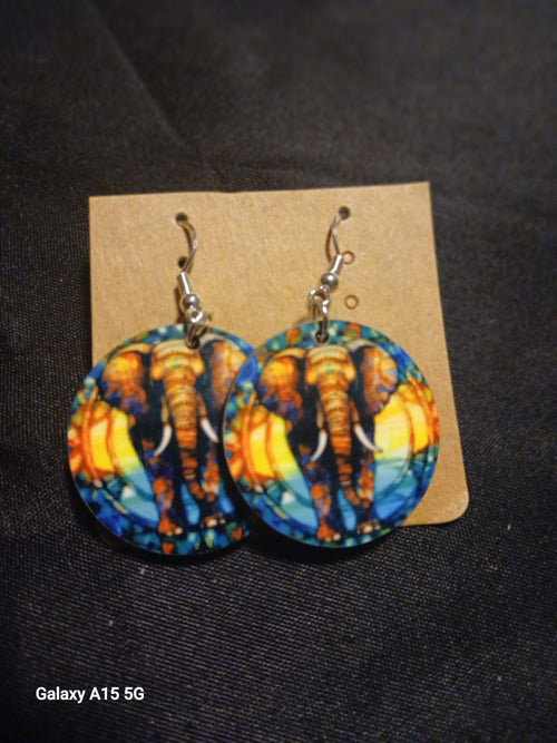 Colorful Elephant Wooden Round Earrings by Phantashas-Haven